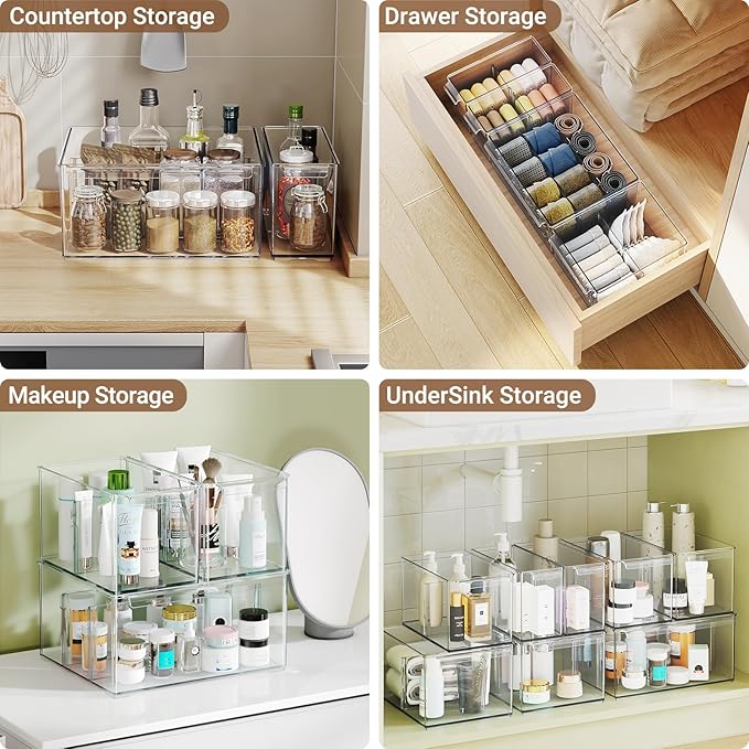 Clear Plastic Storage Bins 6 Pack, Large Stackable Storage Containers with Dividers, Tall 6" Thicken Storage Drawer Organizer Boxes for Pantry Kitchen Cabinets Fridge Vanity Makeup Craft C6-4