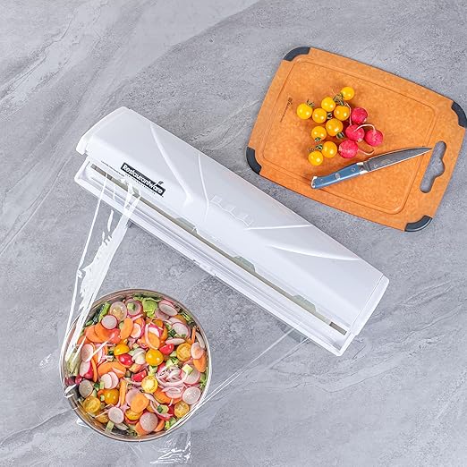 Restaurantware-Chef 101 Food Wrap Dispenser with Cutter, 1 Refillable Cling Wrap Dispenser - Fits 12â€ to 18â€ x 2000â€™ Rolls, Press Down and Cut, White Plastic Aluminum Foil, Sharp Blade