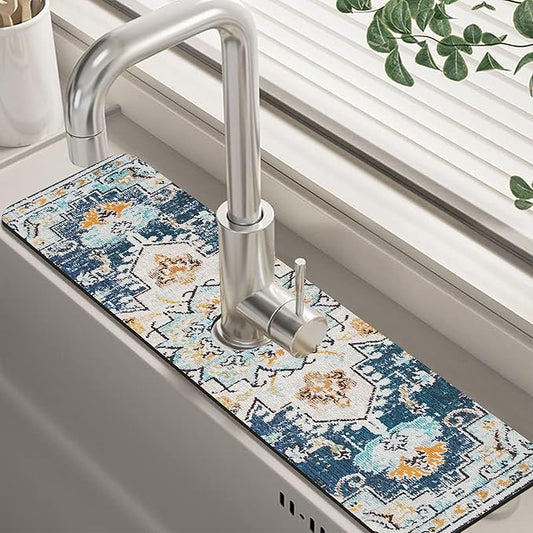Oriental Blue Turkish Carpet Pattern Sink Faucet Absorbing Mat Sink Splash Guard Faucet Mat Draining Mat Fast Drying Sink Protectors for Kitchen and Bathroom 5.5"×24"