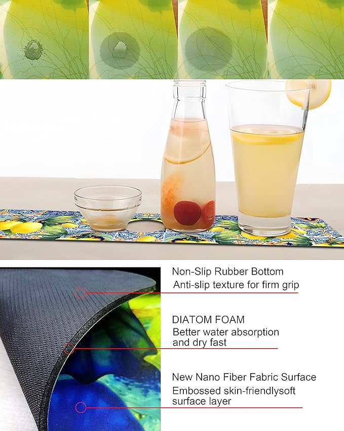 Kitchen Sink Splash Guard Faucet Mat Super Absorbent Fast Drying Mat Sink Gadgets Splash Guard Behind Faucet Drip Catcher for Kitchen (Lemon, 23.5x5.5in)