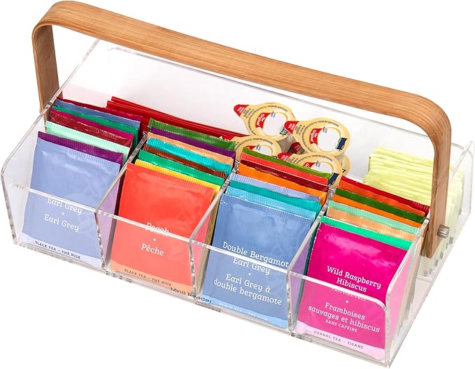Mind Reader Tea Bag Organizer, Tea Station, Countertop, Caddy, Rayon from Bamboo and Acrylic, 11.75"L x 6"W x 6"H, Brown