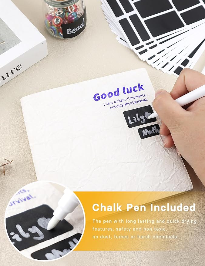 GAUENEEN 340 Pcs Removable Chalkboard Labels, 4 Sizes, Erasable Reusable Labels for Storage Bins, Pantry Label Stickers for Containers, 2 Liquid Chalk Pens Included