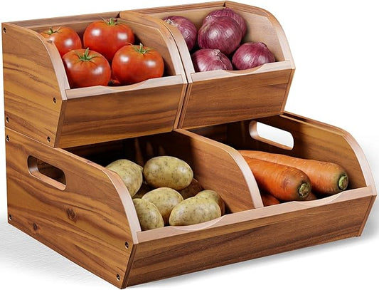 Acacia Wood Pantry Storage Bins – Stackable Open Front Kitchen Baskets for Potato, Onion, Fruit, Bread & More – Rustic Wooden Basket for Pantry - Easy Assembly with Tools & Hardware Included