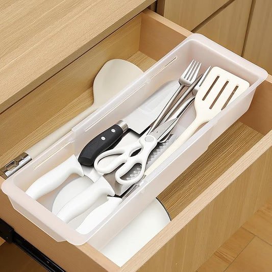 1 Pack Deep Drawer Organizer Bins, Adjustable Sliding Drawer Organizer Bin Expandable Tray for Kitchen Utensils, BBQ Tools, Towels, Durable Plastic Sliding for Easy Storage (17" to 27”)