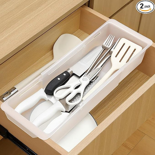 2 Pack Deep Drawer Organizer Bins, Adjustable Sliding Drawer Organizer Bin Expandable Tray for Kitchen Utensils, BBQ Tools, Towels, Durable Plastic Sliding for Easy Storage (17" to 27”)