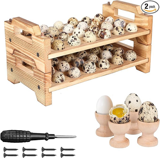 Stackable Wooden Quail Egg Holder Countertop-Expandable Storage Rack with 4 Bonus Egg Cups | Solid Wood Tray with Secure Interlocking Dowels for 48 Fresh Quail & Pigeon Eggs (Single or Multi-Tier Use)
