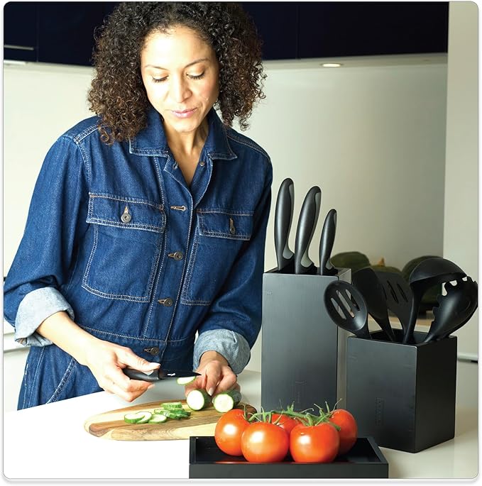KAIZEN Bamboo Knife Block Without Knives - Perfectly Sized Universal Knife Holder for Knives, Scissors - Unique Knife Storage for Counter Top with Anti-Slip Base (Black)