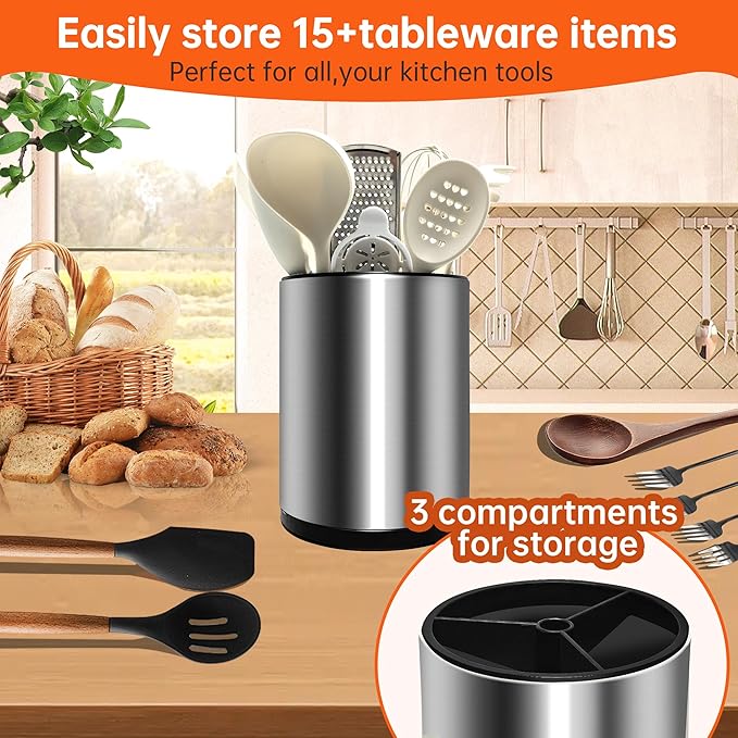 Stainless 360° Rotating Kitchen Utensil Holder Large Counter Utensil Caddy Cooking Spoon Stand Spatula Cutlery Metal Utensil (Silver)