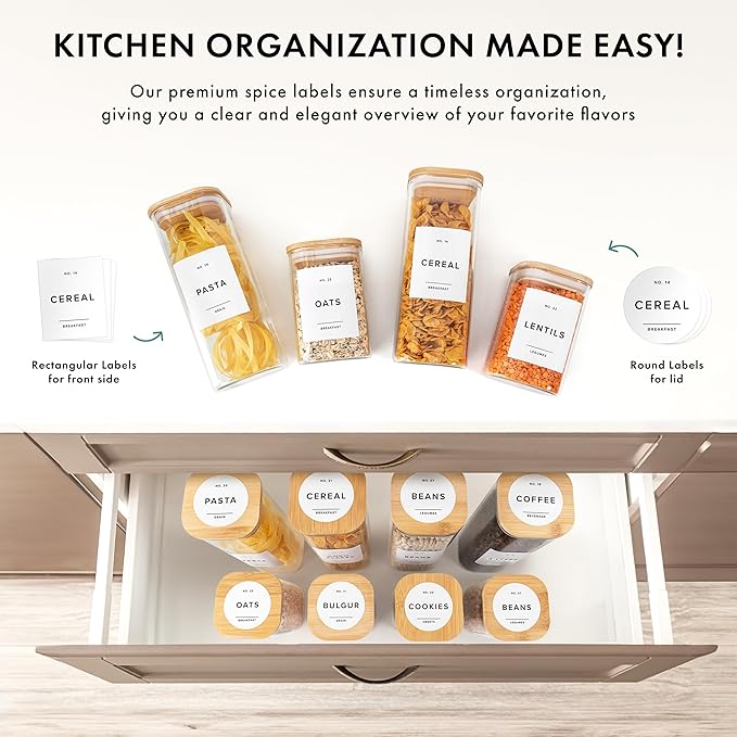 Minimalist Pantry Labels Self-Adhesive - 114 Stickers for Food Containers - Kitchen Labels for Organizing Storage Bins, Jars, Kitchen, Waterproof Spice Organiser Labels for Kitchen (White)