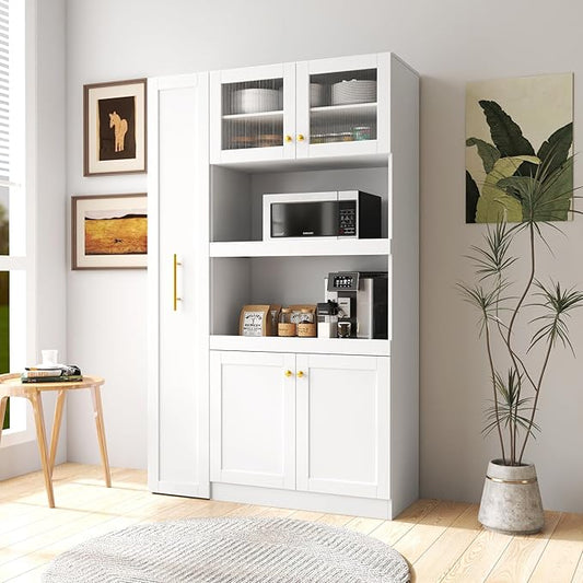 70.87" Tall Kitchen Pantry Cabinet with 7-Tier Pull-Out Shelf, Glass Doors, Countertop & 4 Doors, Freestanding Wood Hutch Cupboard for Dining Room, Coffee Bar, or Kitchen Storage, White