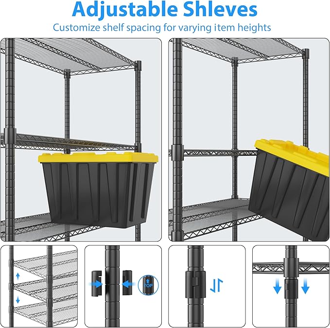 Homdox Heavy Duty Metal Shelves for Storage, 4 Tier Storage Racks and Shelving, Commercial Adjustable Wire Shelving Unit on Wheels, Garage Rack Pantry Shelves Kitchen Shelving, 18"x36"x72", Black