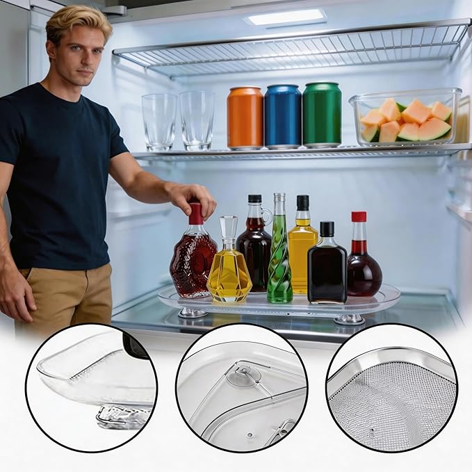 2 Pack Fridge Lazy Susan Organizer, 360° Rotating Refrigerator Lazy Susan Turntable, Clear Acrylic Fridge Organizer for Kitchen, Pantry, Countertop Storage