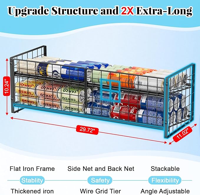 2-Tier Stackable Can Rack Organizer for Pantry Shelf, Extra-Long Can Holder for Kitchen Organization,Heavy Duty Can Dispenser for Canned Food Soup Goods up to 64 in Cabinet Storage, Black