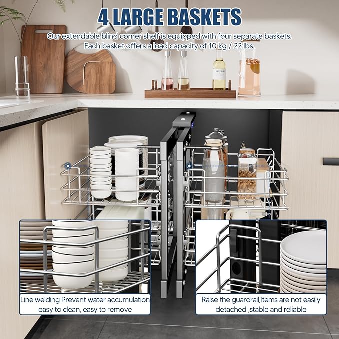 forimo 36" Blind Corner Pull Out Organizer,2 Tier 4 Shelf Kitchen Cabinet Organizer, Chrome Carbon Steel Storage Basket, Left Open & Right Open Compatible,for Blind Corner Kitchen or Bathroom Cabinet