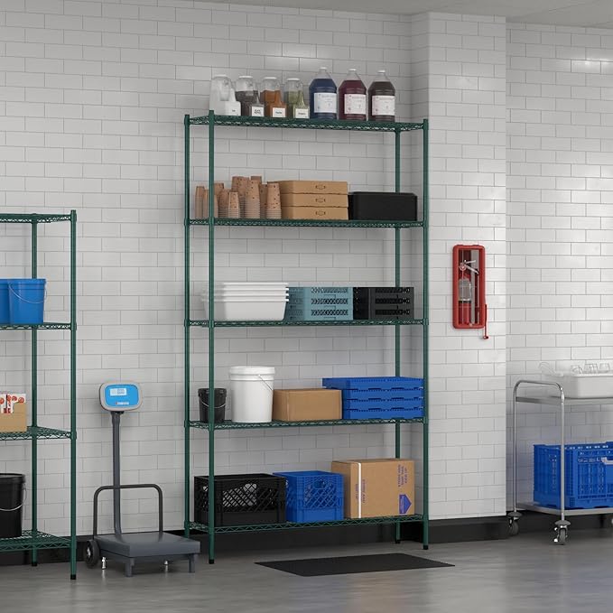 Commercial NSF Listed Green Epoxy Stationary Wire Shelving Kit 14" x 54" x 96", with 5 Shelves Perfect for Warehouse, Walk-in Refrigerator, Freezer, Grocery Store, Restaurant, Dishroom