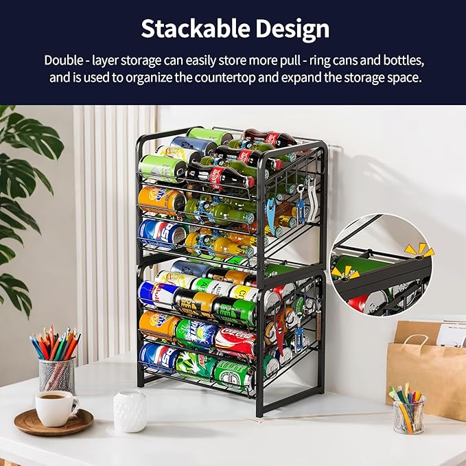 MIKEE 3-Tier Stackable Can Organizer for Pantry, Rolling Soda Can Dispenser with Removable Rubber Strips, Multi-Scenario Storage for Pantry&Kitchen for Cans & Bottles,Storage for 36 Cans, Black