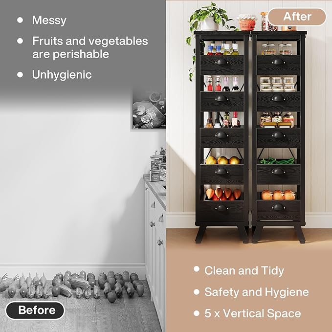 Tribesigns Wood Fruit and Vegetable Storage Rack Set of 2, 5-Tier Narrow Snack Stand Kitchen Stand Fruit Basket, Pull-Out Utility Organizer for Kitchen, Living Room, Black