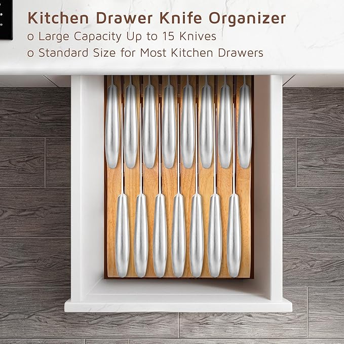 WELLSTAR Wood In-Drawer Knife Storage Block Holder - Organizer for 15 Knives, Kitchen Drawer Insert with Secure Blade-Down Storage, Durable Tray for Long & Short Knives (Knives Not Included)