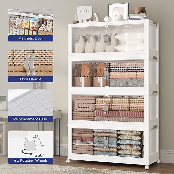 600QT Extra Large Stackable Storage Bins with Lid, 150Gal Plastic Closet Organizers and Storage Drawer, Collapsible Cabinet Box with Wheels Clear Doors for Home Kitchen Office, 5Pack White
