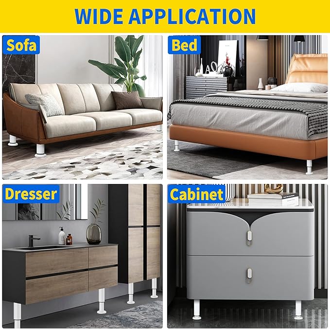 4PCS Adjustable Furniture Couch Cabinet Legs 4.72-7.48 Inch [with 18 PCS Screws], Heavy Duty Adjustable Height Replacement Legs for Dresser/Sofa/Bed/Chair, Legs for Furniture Set of 4 (White)