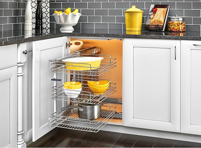 Rev-A-Shelf 3 Tier Pullout Shelf Organizer for Blind Corner Kitchen/Bathroom Cabinets with Soft-Close, 48" Adjustable Shelves, Chrome, 5PSP3-18SC-CR
