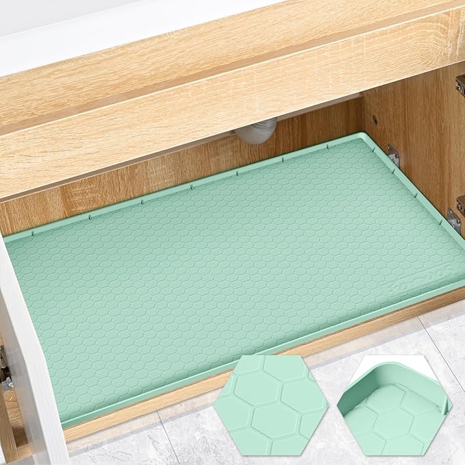 FORWOS Waterproof Under Sink Mat 34" x 22", Silicone Cabinet Liner, Rubber Protector for Kitchen and Bathroom, Keeps Cabinets Clean, Dry, and Organized (Mint Green)