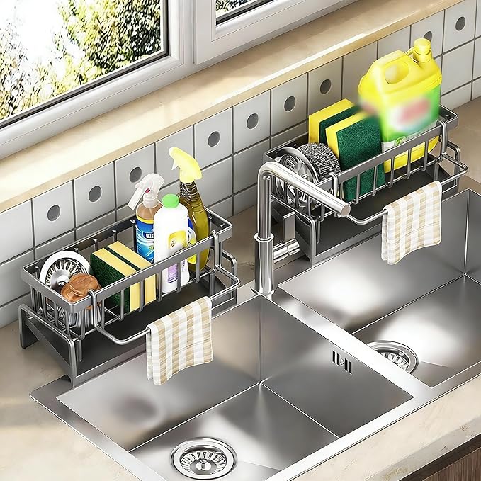 Sink Caddy Organizer - Stainless Steel Sponge Holder for Kitchen Sink with Brush Holder, Automatic Self-Draining Tray, Rustproof Compact Sink Organization for Countertop, 2-in-1 Design.