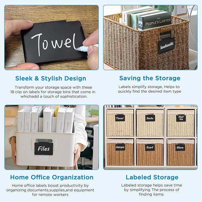 trohestar Metal Pantry Baskets Labels Clip On for Storage Bins | Edge Fold-Cream (Edge Fold-Black, 18 Metal Label Clip)