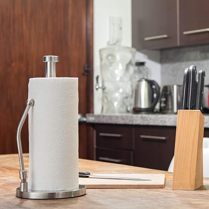 Stainless Steel Paper Towel Holder with Tension Arm – Heavy Weighted Countertop Kitchen Roll Holder, One-Hand Tear Design, Modern Metal Paper Towel Stand