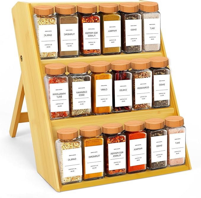 Bamboo Spice Rack Organizer, 3 Tier Spice Shelf Stand for Kitchen Countertop, Wood Folding Spice Rack for Cabinet