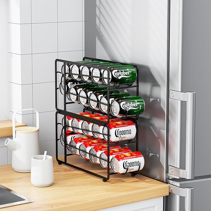 Soda Can Organizer Storage Rack, 2 Pack Stackable Beverage Soda Can Dispenser Organizer Holder for Refrigerator, Cabinet, Pantry (Black)