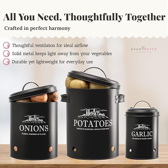 Potato and Onion Storage Bin Set – 3-Piece Ventilated Potato Storage Bin, Onion Storage Container and Garlic Container – Matte Black Finish