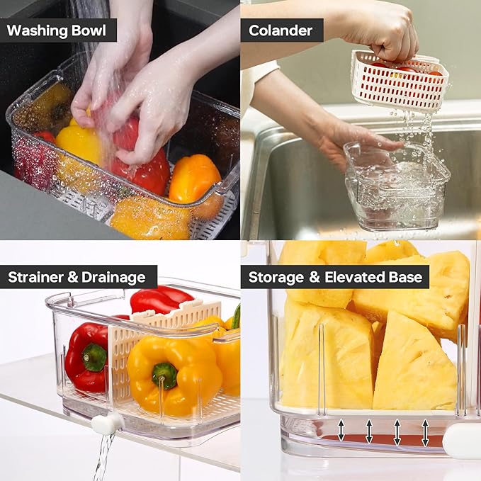 Felli Duo Fresh Produce Saver for Fridge, Fruit Vegetable Container with Vent & Drainage in Bottom for Wash, Colander Strainer Storage Bin for Refrigerator, Berry Lettuce Keeper, Christmas Gifts