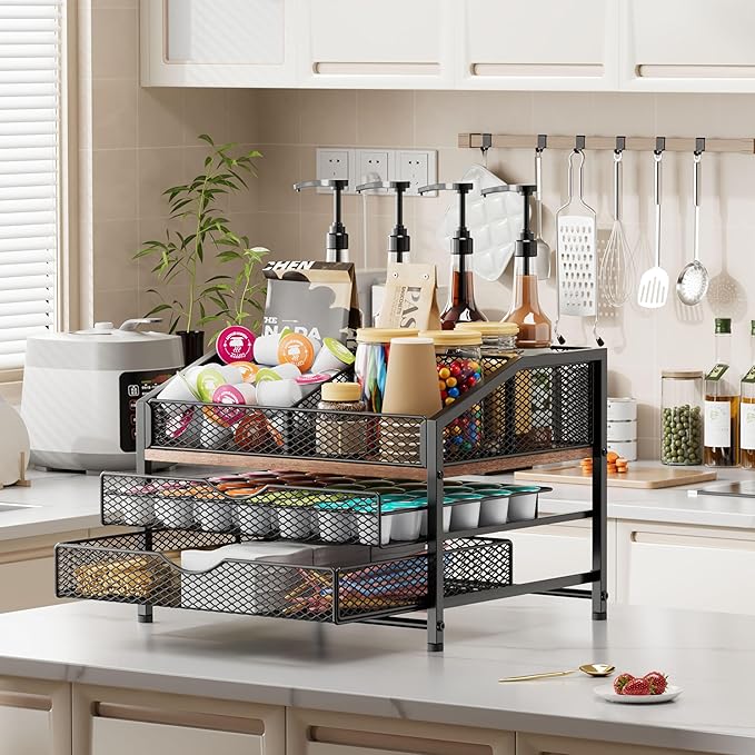 Coffee Bar Organizer for Countertop, Coffee Station Organizer with Removable Dividers, Metal and Wood K Cup Holder Storage Basket for Pods, Syrup, Stirrer and Condiment, Black and Brown