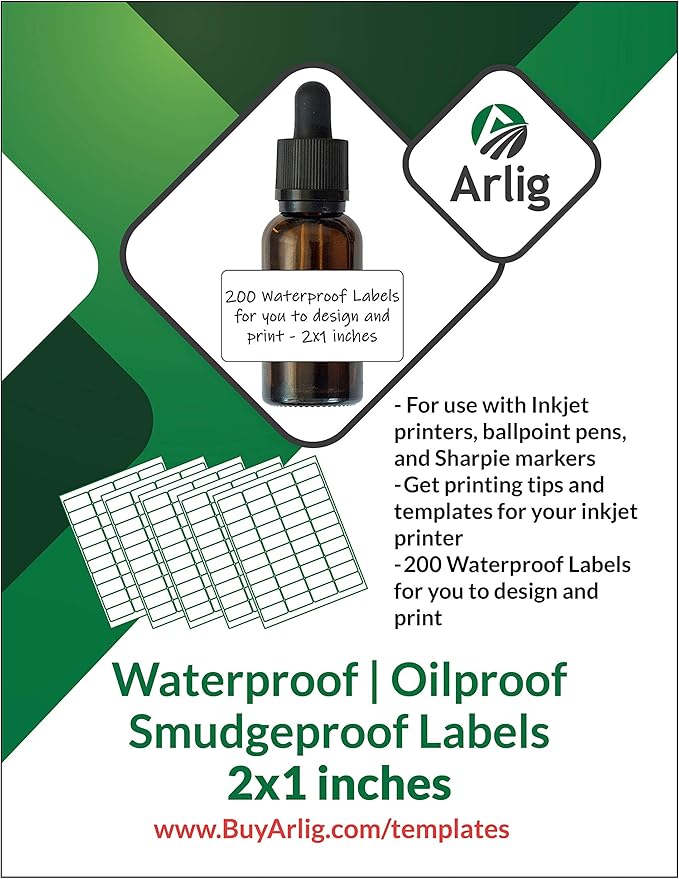 Arlig 2x1 Inch Waterproof Labels for Inkjet Printers Smudge-Proof, Oil-Proof Label for Bottles, Pantry, Lip Gloss, Jars, Food, and Essential Oils | 200 Labels (5 Letter Size Sheets, 40/Sheet) (Matte)