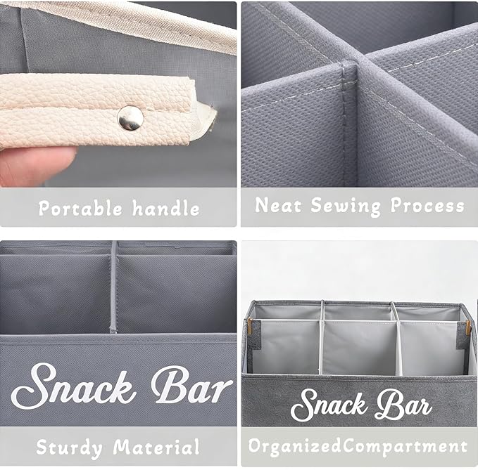 Snack Organizer for Countertop, Snack Basket with Adjustable Compartments via Velcro, 6 Compartment Food Container, Basket for Snacks with PU Handles, Gray