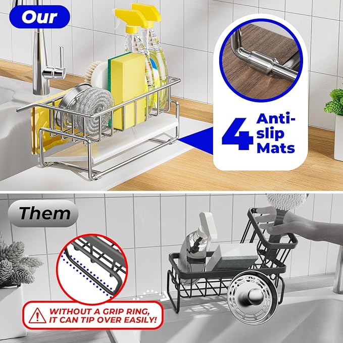 BREIS Sponge Holder for Kitchen Sink, Caddy Organizer with Rag Holder, Countertop Self-Draining Sponge Caddy, Rustproof Sink Storage Rack for Soap Dispenser Storage Accessories (Sliver)