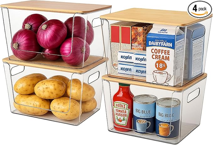 CiWiVOKi 4 Pack Clear Stackable Potato & Onion Storage Bins - Trash Bag Holder Dispenser Under Sink Organizer for Pantry, Kitchen Countertop - Trash Bag Dispenser with Bamboo Lid for 4-13 Gal Bags
