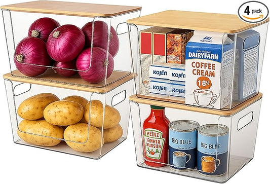 CiWiVOKi 4 Pack Clear Stackable Potato & Onion Storage Bins - Trash Bag Holder Dispenser Under Sink Organizer for Pantry, Kitchen Countertop - Trash Bag Dispenser with Bamboo Lid for 4-13 Gal Bags