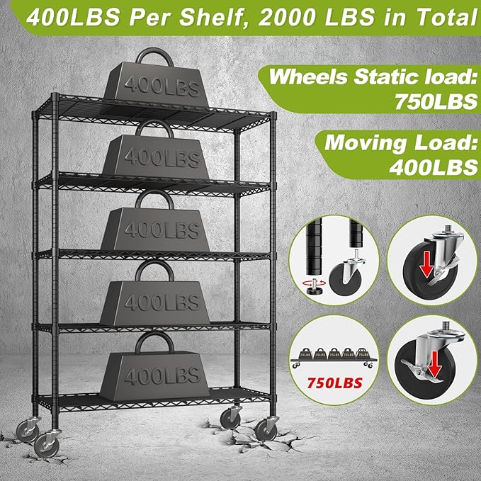 MODCART 48" W x 20" D x 72" H Wire Shelving Unit with Lockable Wheels, 5-Tier Heavy Duty Garage Shelves, 400 lbs Per Shelf Capacity, Industrial Storage Rack for Garage Pantry Kitchen