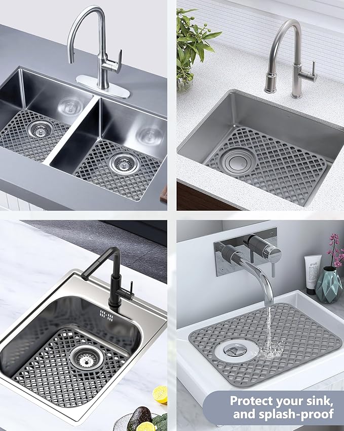 BEHOK 2 Pack Silicone Sink Protectors for Kitchen Sink, Lozenge Pattern 13 x 11 Inches Sink Mat, Non-Slip and Durable Sink Protector Silicone, Rear Drain, Gray