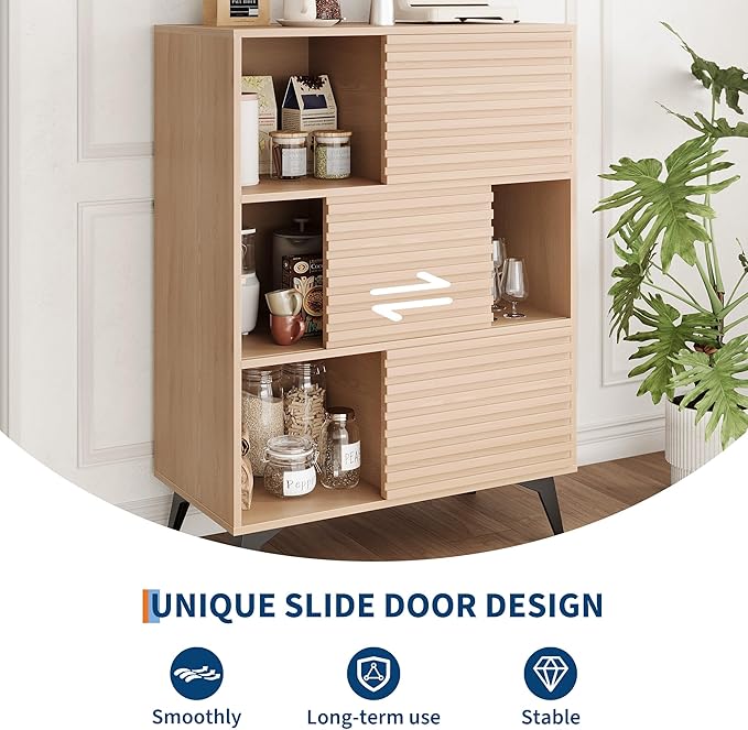 IDEALHOUSE Fluted Cabinet with Sliding Doors, Modern Wooden Storage Cabinet with Metal Base, 31 Inch Sideboard Cabinet with Storage for Dining Room,Living Room, Entryway