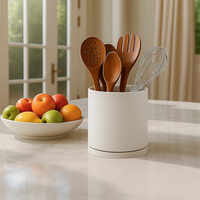 D'vine Dev 360° Rotating Utensil Holder – 5" Kitchen Utensil Crock for Countertop, Modern Cooking Tool Organizer for Kitchen Storage & Décor, Set of 2, Oatmeal, 72-Y-D-1