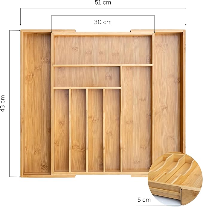 Liviys Cutlery Drawer Organizer for Kitchen Utensils, 13-20 Inches Expandable Bamboo Utensil Tray, Large Wooden Silverware Organizer Insert for Kitchen Drawers