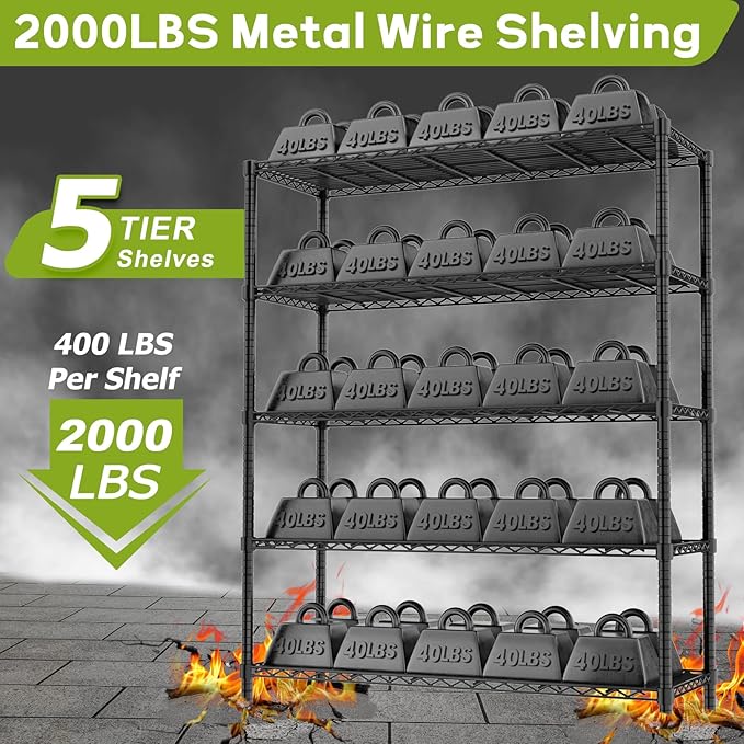 MODCART Storage Shelves, 4 PCS 48" L x 20" W x 72" H Heavy Duty Garage Wire Shelving Unit Loads 2000LBS, 5-Tier Adjustable Metal Industrial Utility Shelf Rack for Kitchen, Laundry Room, Basement