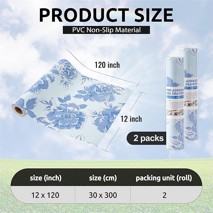 FIFTY FEET 12X120 Inch Shelf Liner for Kitchen Cabinets, PVC Drawer Liner for Dresser Non-Slip Bathroom, Non-Adhesive Cabinet Liner Washable (Blue Flower)(2 Roll)