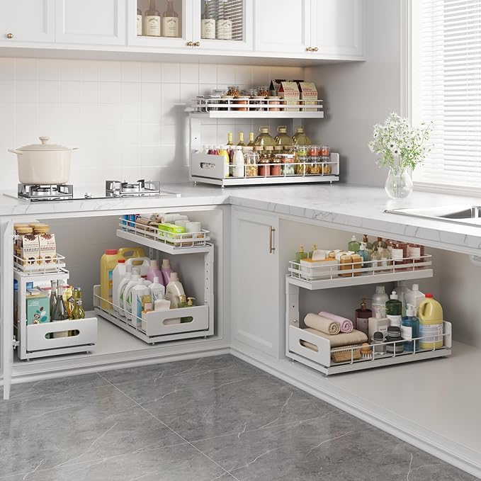 2 Pack 18 IN Depth Under Sink Organizer with Smooth Ball Bearing Slides,2-Tier Pull Out Cabinet Storage,Slide Out Drawers for Bathroom&Kitchen,Rust-resistant Coating,Height Adjustable-White