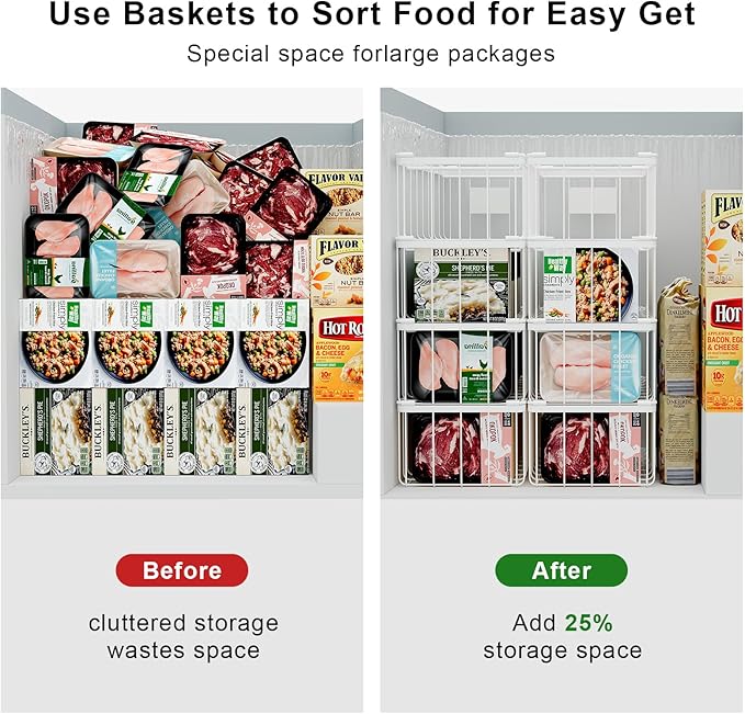 lonpute 3 Pack Stackable Wire Storage Baskets With Tag, Freezer Organizer Bins for Most 7 Cu.FT Freezer Sort Frozen Meats, Deep Freezer Organizer Bins with Handle Add Space Easy Reach, White