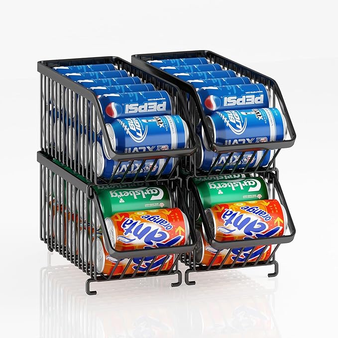 GILLAS 4 Pack Stackable Soda Can Organizer for Refrigerator, Can Holder Dispenser, Canned Food Storage Rack for Fridge, Kitchen, Countertops, Cabinets, Black
