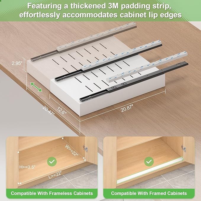 Expandable Pull-Out Cabinet Organizer - White, 21" D x Adjustable Width 12.6-20.47", No Drill Adhesive Installation with 3-Slide Rails for Kitchen Storage (2 Pack)